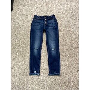 9/28 Kancan High Rise Exposed Button Fly Distressed Dark Wash Skinny Fray Hem